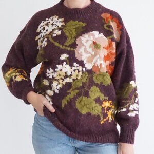 Vintage Handknit Express 30% Wool Maroon Knit Floral Mockneck Sweater M